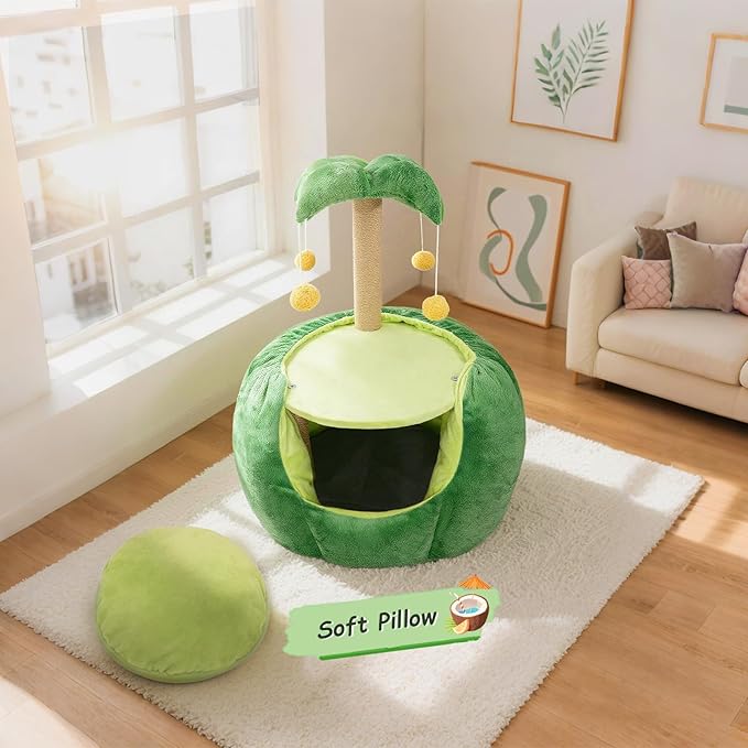 Cat Houses for Indoor Cats, Small Cat Tree with Sisal Ropes and Plush Perch, Cute Cat Bed Cave with Soft Pillow, Coconut Palm Design