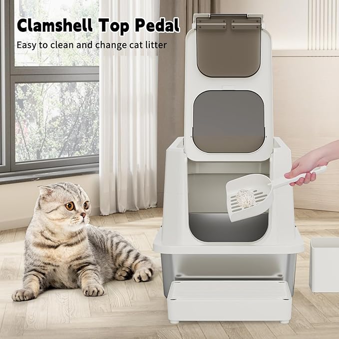 RIZZARI Stainless Steel Cat Litter Box, Leak Proof Litter Box with High Edges, Large Odorless Litter Pan with for Small to Large Cats (Beige)