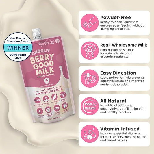 Berry Good Milk is a Lactose-Free, Vitamin-Infused Drink for Cats and Dogs. It Supports Urinary Health, Digestion, and Joint Function. Free from antibiotics, Grains, and Gluten.