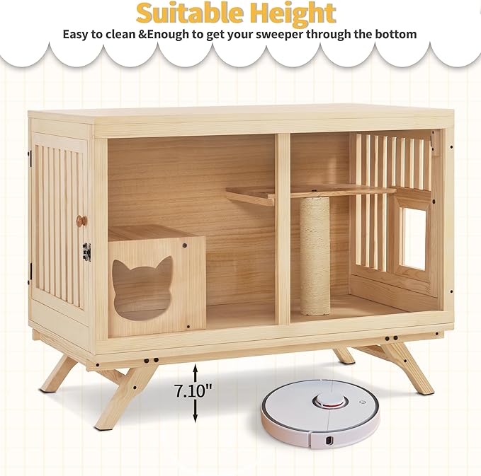 Lovupet Wooden Cat House Villa, TV Shape Luxury Cat Condo with Scratching Post and Escape Door, Kitten Cage Indoor CT55
