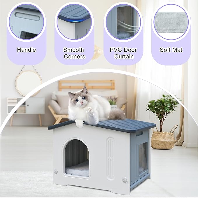Plastic Cat House Weatherproof for Outdoor Indoor Use, Feral Cat House with Escape Door and Soft Mat, Outside Cat Shelter for Small Pet, Spacious, Assemble Easily - Grey