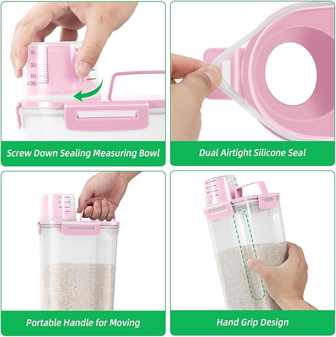 TBMax Rice Container 2 Pack 5 Lbs Cereal Container Storage, Kitchen Pantry Food Storage Holder with Cup, Small Pet Dog Cat Food Container -Pink