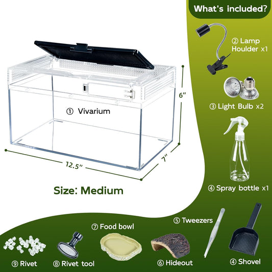12.5''×6''×7'' Reptile Tank Kit with Heat Lamp, Spray Bottle, Shovel, Tweezers, Food Bowl, Hideout -Perfect for Geckos, Snakes, Lizards, Turtles, Jumping Spider,Milk Frog,Hermit Crabs