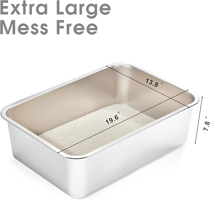 Yangbaga Stainless Steel Litter Box for Cat and Rabbit, Odor Control Litter Pan, Non Stick, Easy to Clean, Rust Proof, Large Size with High Sides and Non Slip Rubber Feets