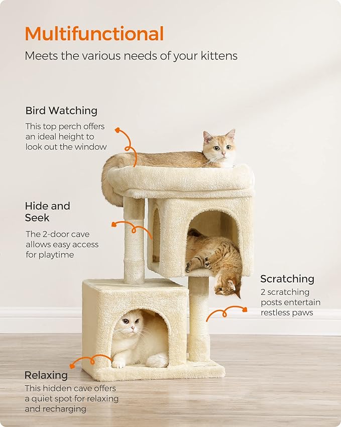 Feandrea Cat Tree, 26.4-Inch Cat Tower, S, Cat Condo for Kittens up to 7 lb, Large Cat Perch, 2 Cat Caves, Scratching Post, Beige UPCT611M01
