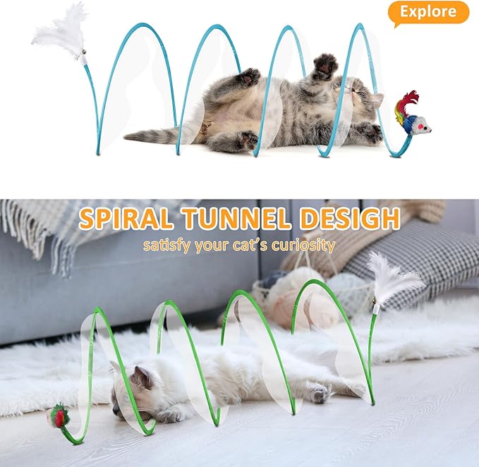 2-Piece Spiral Cat Tubes for Indoor Cats, Large Collapsible Tunnel with Feather Mouse Interactive Toy (Green + Blue)