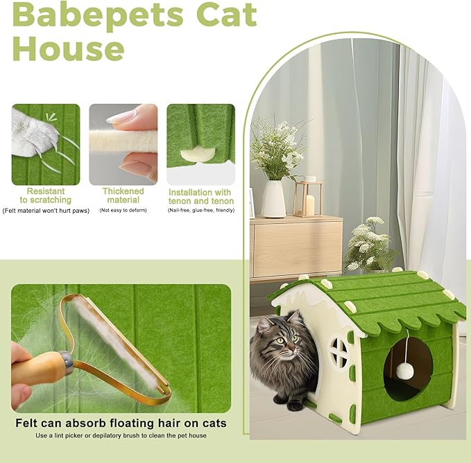 Babepets Cat House for Indoor Cats, Medium Felt Bed Cave with Ball Hanging, Foldable Detachable Cats Condo, Scratch Resistant Hideaway for Multiple Pets up to 20Lbs, House Cat Playhouse, Army Green