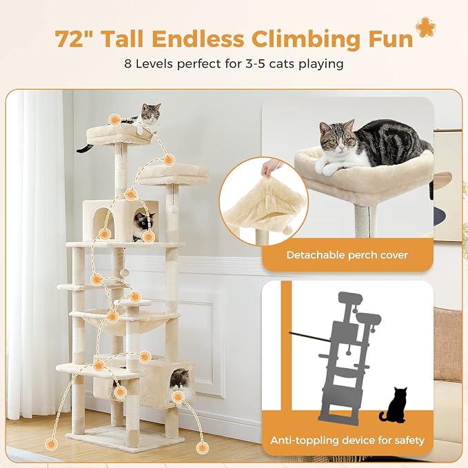 PAWZ Road Large Cat Tree, 72 Inches Cat Tower for Large Cats, Cat Condo with Sisal-Covered Scratching Posts and Pads, 2 Padded Perch, Dual Condo and Basket for Indoor Cats-Beige