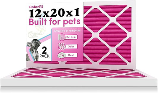 12x20x1 Air Filter by Colorfil | Color Changing Filters for Cat and Dog Odor | MERV 8 Furnace AC Filter for Pet Hair and Dust | 11.5"x19.5"x0.75" Exact Size | Pack of 2