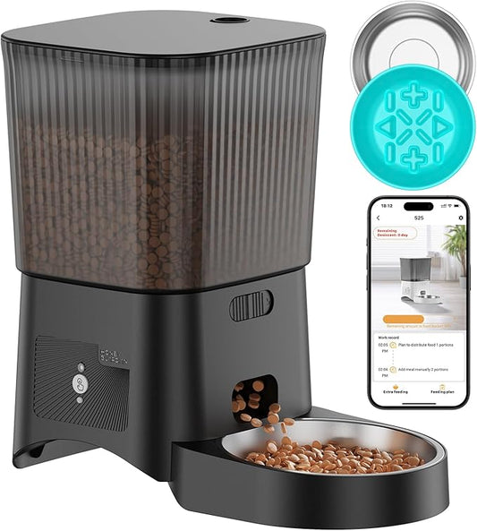 HoneyGuaridan Automatic Cat Feeder, 5G WiFi Cat Food Dispenser with App Control, Timed Feeder with Stainless Steel Bowl and Slow Bowl, Desiccant Bag