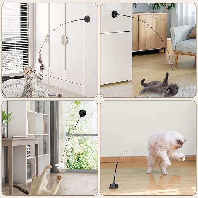 Suction Cup Cat Toys for Indoor Cats,3 in 1 Suction Cup Cat Toy,Interactive Simulation Cat Toy Set Self Play or Handheld,Feathers & Bells,Realistic Toy Mouse and Silvervine Sticks (Pink)