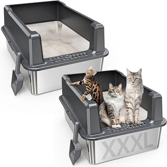 Extra Large XXL Stainless Steel Cat Litter Box with Lid, 26" L x 18" W x 12" H Metal Litter Box with Hight Sides for Big Cats & Multiple Cats, Never Absorbs Odors, Anti-Urine Leakage, Easy Cleaning