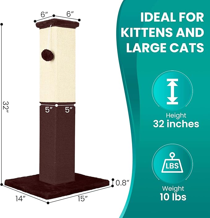 Cat Scratching Post, 32 Inch Cat Scratching Post for Large Cats, Cat Scratcher with Nature Sisal, Cat Scratch Post for Indoor Large Cats and Kitten, Brown