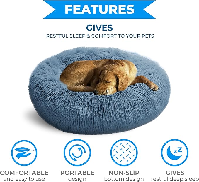 Whiskers & Friends Dog Bed, Round Fluffy Dog Beds for Small Dogs Washable, Calming Donut Pet Bed for Medium Dogs - Up to 45 Pounds