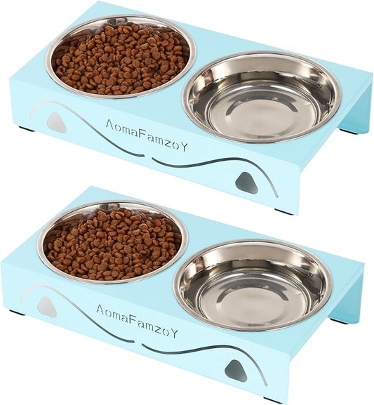 2 Pack Cat Food Bowls - Indoor Set with Metal Stand,5° Tilted Anti Vomiting Wide Raised Pet Dish, Cute Elevated Cat Feeding Station for Food Water, 4 Stainless Steel Bowls for Kitten, Puppy,Blue