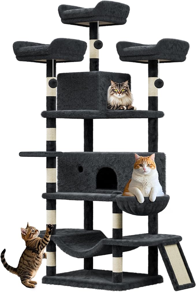 68.5 Inch Multi-Level Cat Tree, Plush Cat Tower with Condo/Sisal Scratching Posts/Hammocks/Basket/Dangling Ball/Platform, Heavy Duty Cats Tree to Play and Sleep, 2604#Dark Grey