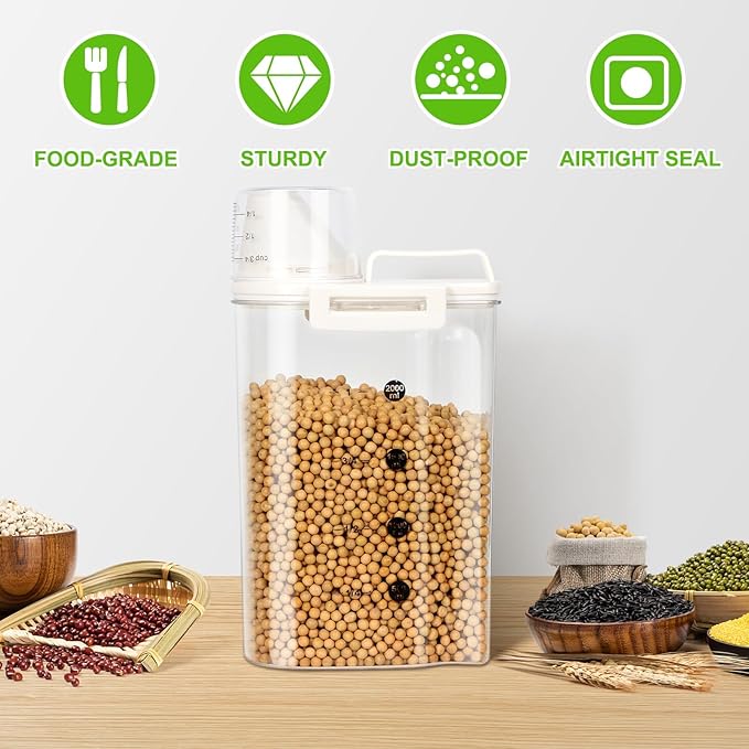TBMax Rice Container Cereal Storage Container 2.64Qt, Upgraded Crystal-Clear PET Plastic Kitchen Pantry Food Storage Container with Cup & Off White Lid, Small Pet Dog Cat Food Container Dispenser