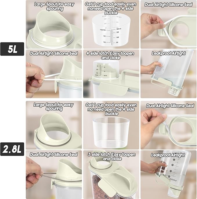 Dog Food Storage Container, Upgraded Large Nozzle BPA-free, 8-12 LBS Plastic Pet Food Storage Containers, With 4 Sealed Clasps, 1 Measuring Cup and Handle (2, Beige (3L+5L), (3L+5L))