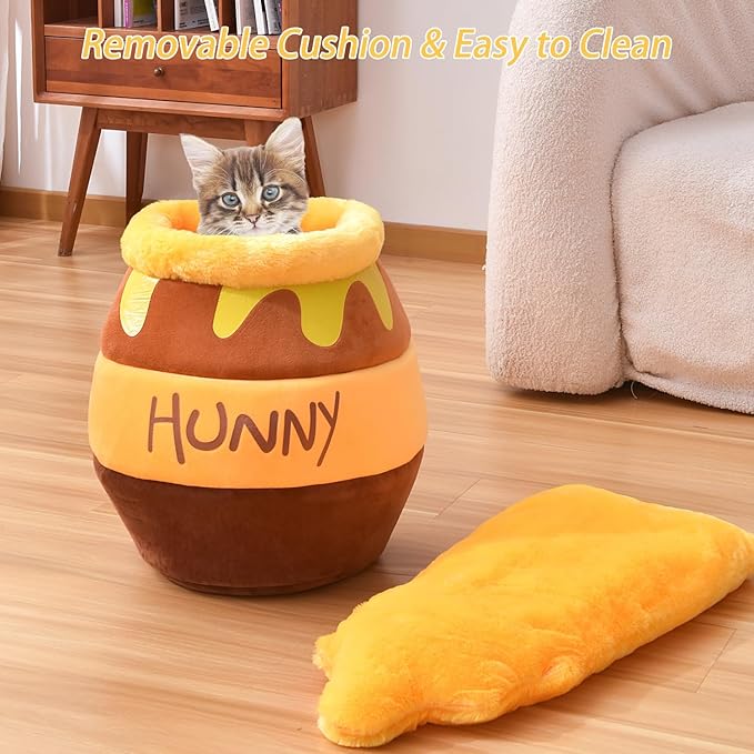 Honey Pot Cat Cave Bed, Soft and Thick Rebound Sponge Pet Nest with Removable & Washable Cushion, Cute Cartoon Design for Small Cats and Breeds
