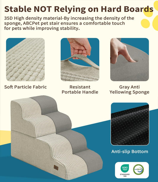 Dog Step for Bed, Dog Stair 4-Step 35D Pet Stair 19.7" H for High Bed or Sofa Non-Slip Balanced Pet Step Indoor, Beige