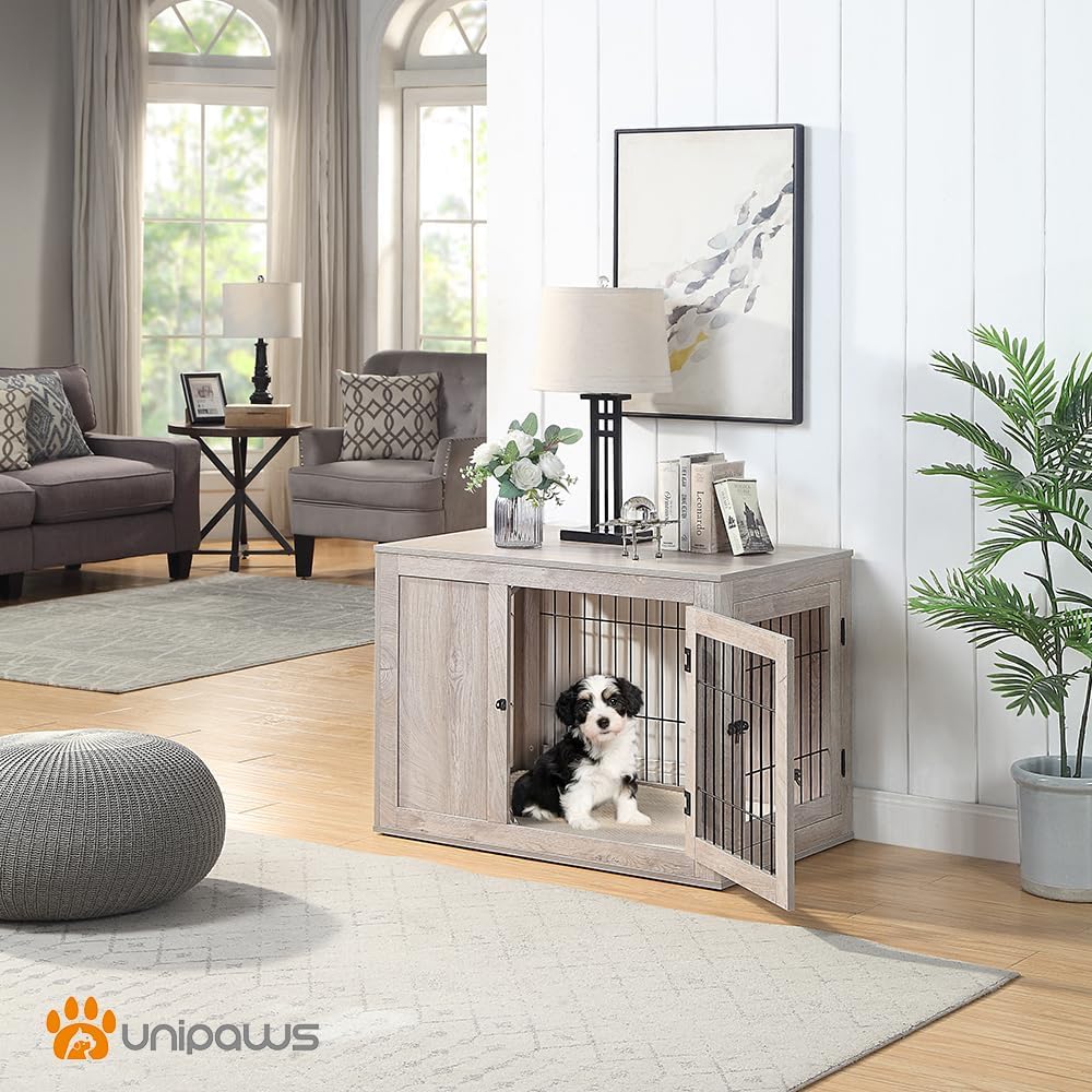 unipaws 36 Inch Furniture Style Dog Crate for Medium Dogs, Indoor Puppy Kennel with Door, Modern Decorative Wood Wire Pet Cage, Pretty Cute End Side Table Nightstand, Weathered Grey