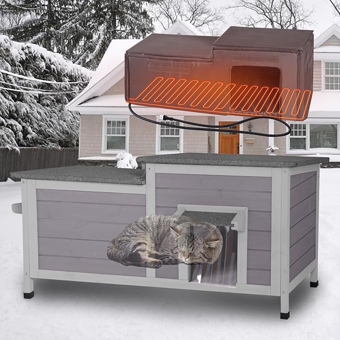 Aivituvin Heated Cat House for Outside with Insulated Liner in Winter, Weatherproof Outdoor Cat House with Anti-Bite Cable, Wooden Kitten Condo for 1-4 Cats
