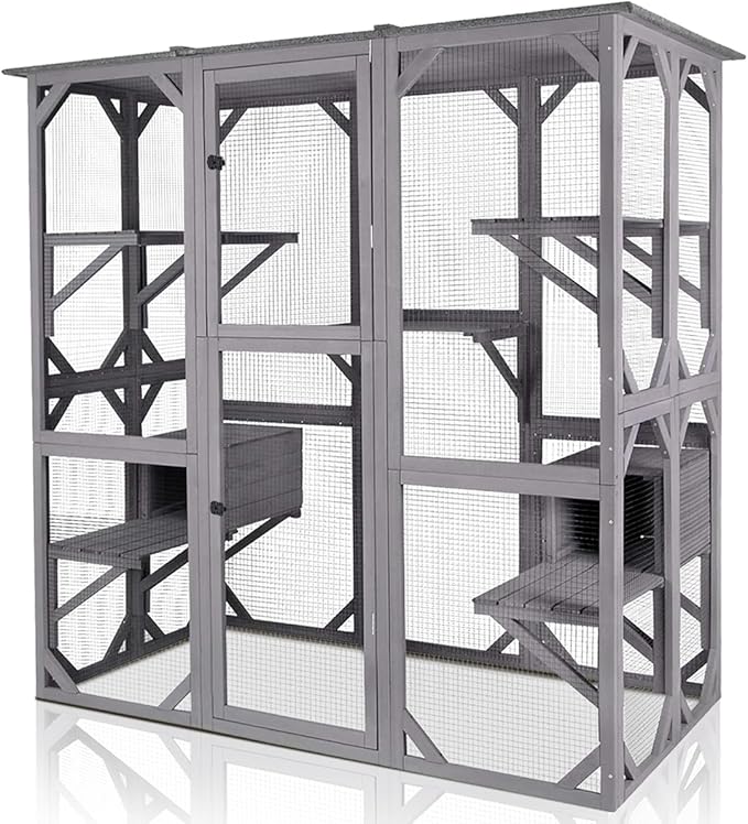 Gutinneen Catio Large Cat House Outdoor Walk in Outdoor Cat Enclosure Indoor Cage Kitty Condo Playpen with Door, Platform & Small House - 71"