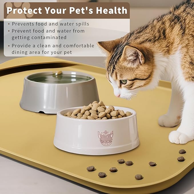 Silicone Pet Feeding Mat with Raised Edge & Residue Collection Pocket for Food and Water, Dog Bowl Mats, Cat Bowls Placemat with High Lip for Floor Waterproof, 19 x 12 x 0.7 Beige