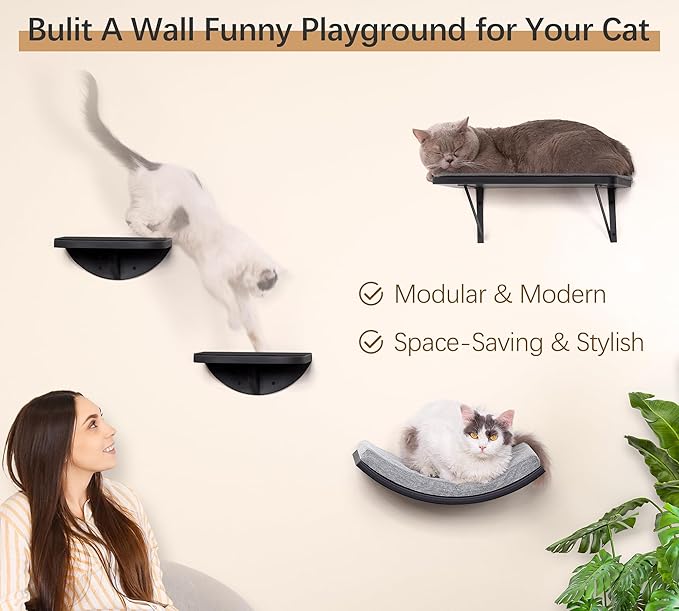 Curved Cat Wall Hammock Bed with Grey Foam Cushion – Floating Cat Wall Shelf Nest for Climbing, Sleeping & Lounging