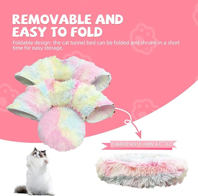 Cat Tunnel Bed with Furry Soft Mat,Cat Donut Tunnels for Indoor Kitten Large Cats to Chase and Play, Peekaboo Tube Cat Cave Toys,Foldable & Easy to Store,Diameter 31.5" (Rainbow Color)