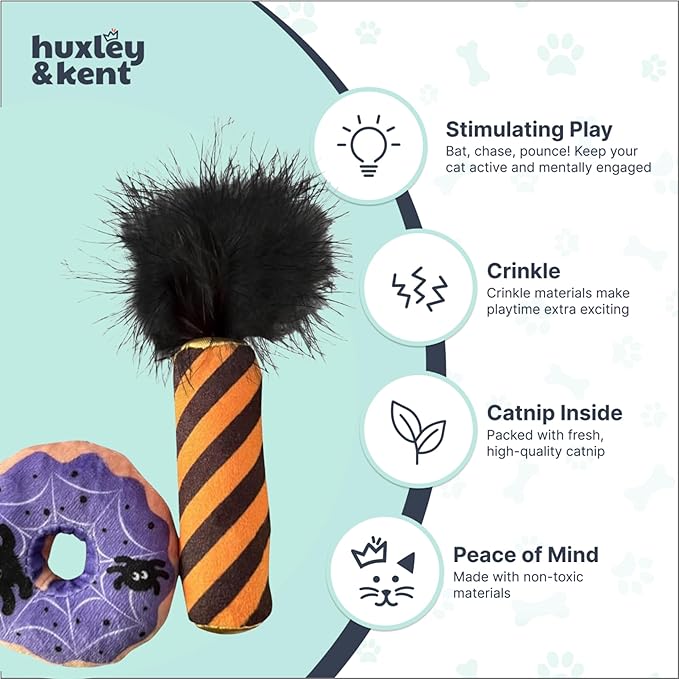 Huxley & Kent Plush Cat Toy - Halloween Interactive Catnip Toy for Cats & Kittens - Soft with Crinkle & Catnip - Fun Indoor Play - Spiderweb Donut & Black Flame 2pk