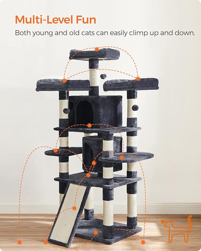 Feandrea 67 Inches Multi-Level Cat Tree for Large Cats, with Cozy Perches, Stable, Smoky Gray UPCT18G