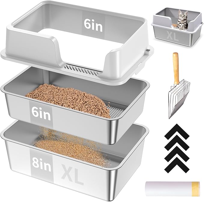 XL Stainless Steel Sifting Cat Litter Box with 6'' Sifting Box & 8'' Bottom Pan, Sifting Cat Litter Pan High Side, No Mess, Nnti-Odor, Easy to Clean, Metal Cat Litter Box with Metal Scooper & Liners