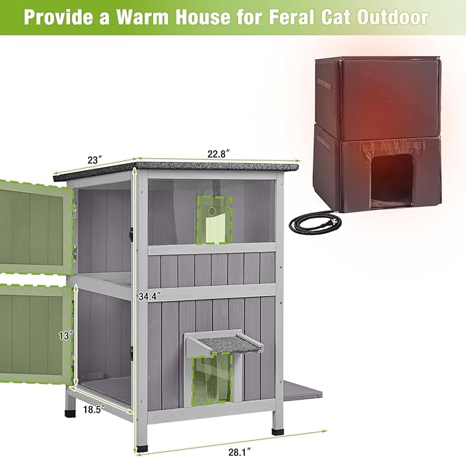 GUTINNEEN Heated Outdoor Cat House with Insulated Liner for Winter Insulated Feral Cat Shelter Waterproof Grade for Outdoor and Indoor Use,2-Story