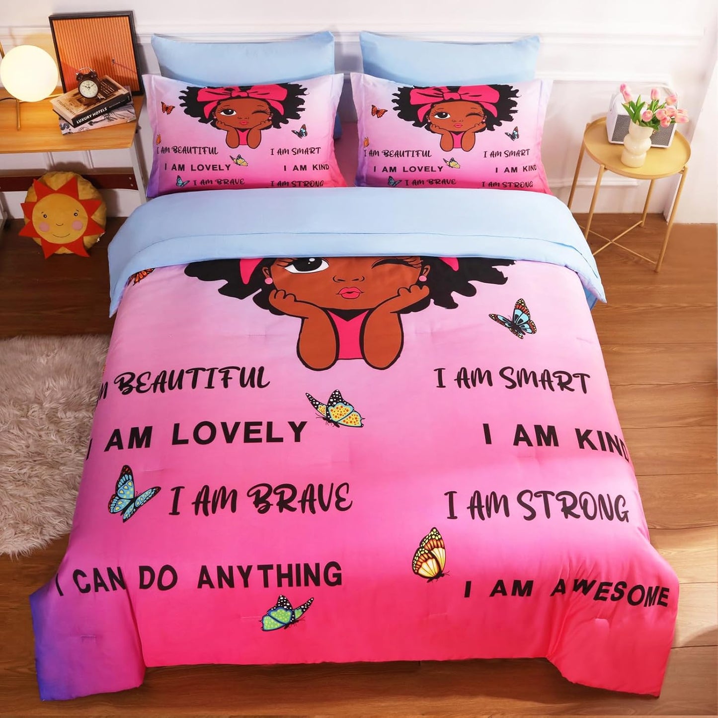 7 Piece Black Girls Magic Comforter Sets Queen Size African American Girl Bedding Set Bed in A Bag for Girls Kids Teens Inspirational Quotes Pink Blue Quilts Room Decor