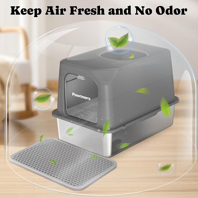 Pawtners Stainless Steel Cat Litter Box, XL Extra Large Enclosed Kitty Litter Pan, Front Entry Top Exit Hooded Metal Cat Toilet for Odor Control with Removable Lid & Scoop, Anti-Leakage, Easy to Clean