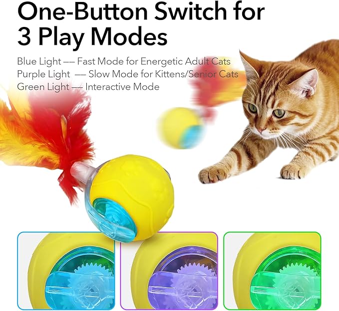 Automatic Cat Toy - Interactive Self-Moving Ball with Feather & Speedy Tail 3.0 Design, Electric Chase Toy for Cats, USB Rechargeable, Smart Obstacle Avoidance (Yellow, Feather)