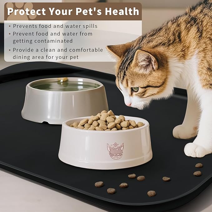 Silicone Pet Feeding Mat with Raised Edge & Residue Collection Pocket for Food and Water, Dog Bowl Mats, Cat Bowls Placemat with High Lip for Floor Waterproof, 22 x 14 x 0.8 Black