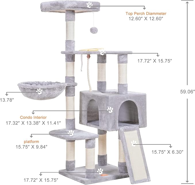 Heybly Cat Tree, Cat Tower for Indoor Cats with Scratching Board, Multi-Level Cat Furniture Condo with Feeding Bowl, Light Gray HCT010MW