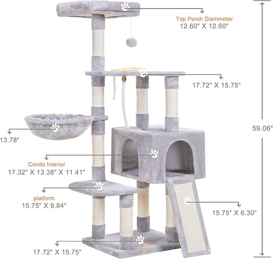 Heybly Cat Tree, Cat Tower for Indoor Cats with Scratching Board, Multi-Level Cat Furniture Condo with Feeding Bowl, Light Gray HCT010MW
