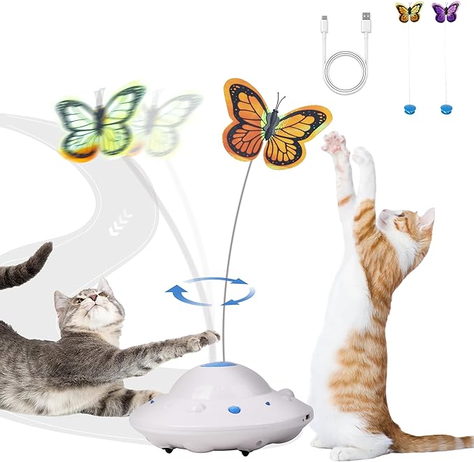 Pet Prime Self Moving Cat Toy for Indoor Cats, Electronic Cat Butterfly Interactive Automatic Rechargeable Toy for Kitten Chasing with LED Light