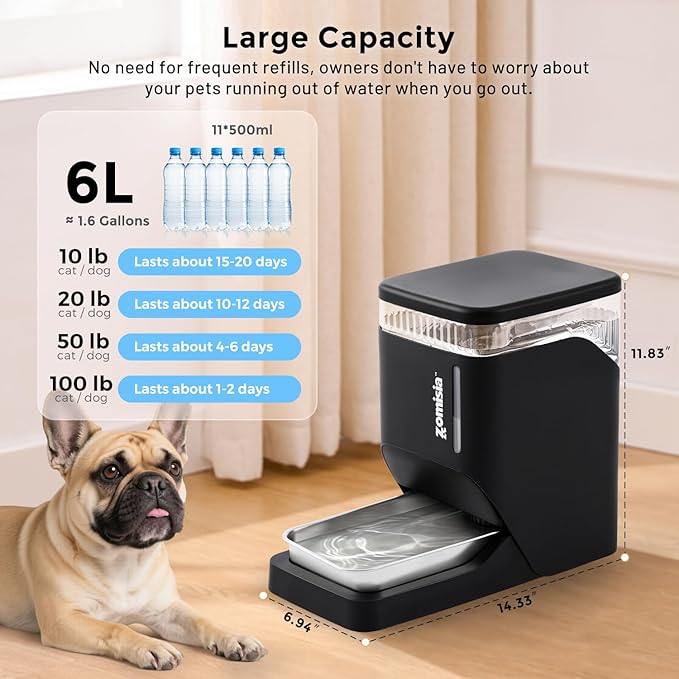 Automatic Cat and Dog Water Dispenser 6L with Stainless Steel Bowl, Gravity Water Bowl for Dogs Cats, 1.6 Gallon Pet Waterer 100% BPA Free, Black