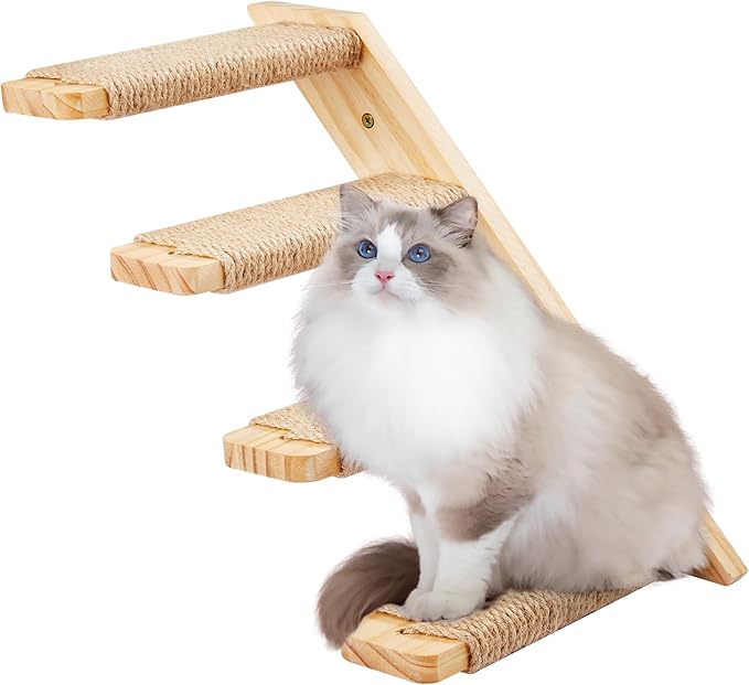 Cat Climbing Shelves Four Stair Shelf Wall Mounted Reversible Left & Right Direction, Cat Stairway Shelf for Climbing with Sisal Rope Ladder Wall Pets Furniture