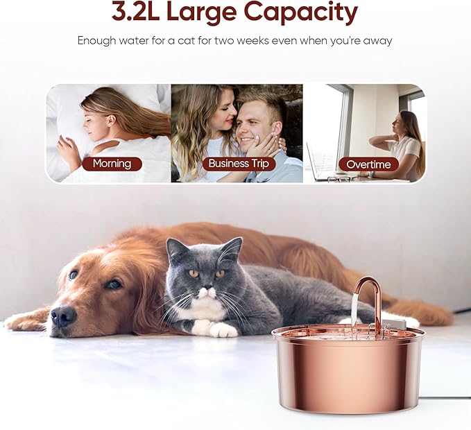 Tomxcute Cat Water Fountain Stainless Steel - 108oz/3.2L Cat Fountain for Drinking- Large Capacity Pet Water Fountain - Copper Surface