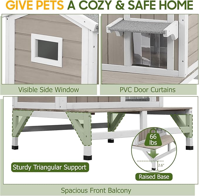 Cat Houses for Outdoor Cats with Balcony Weatherproof Outside Feral Cat Shelter, Wooden Pet House with Raised Base and Openable Asphalt Roof for Cats and Small Animals