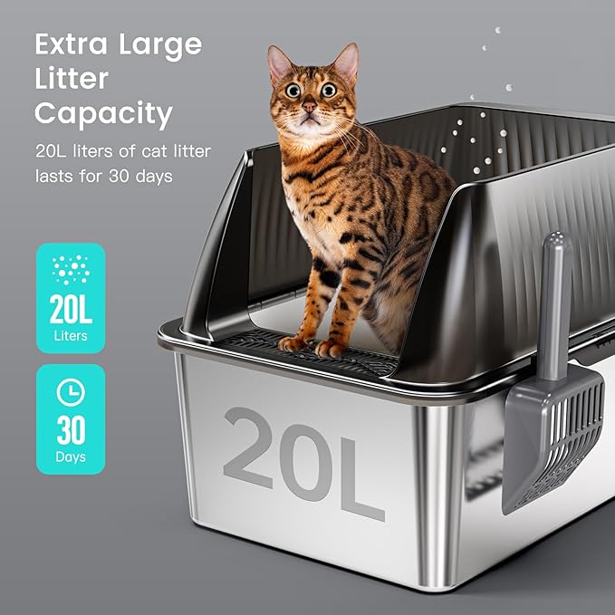 Tripamin 2PACK Stainless Steel Litter Box, 8" Metal Litter Boxs with Lid High Sides, XL Extra Large Litter Box for Big Cats, Leak-Proof, Easy Cleaning, Non-Sticky(Translucent Black)