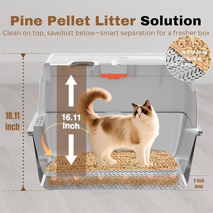 XXL Stainless Steel Sifting Litter Box with Lid, Fully Enclosed 8" Deep Metal Cat Litter Box, Leak-Proof, for Pine Pellets or Clumping Litter, for Large & Multi-Cats, with Litter Mat & Scooper & Brush