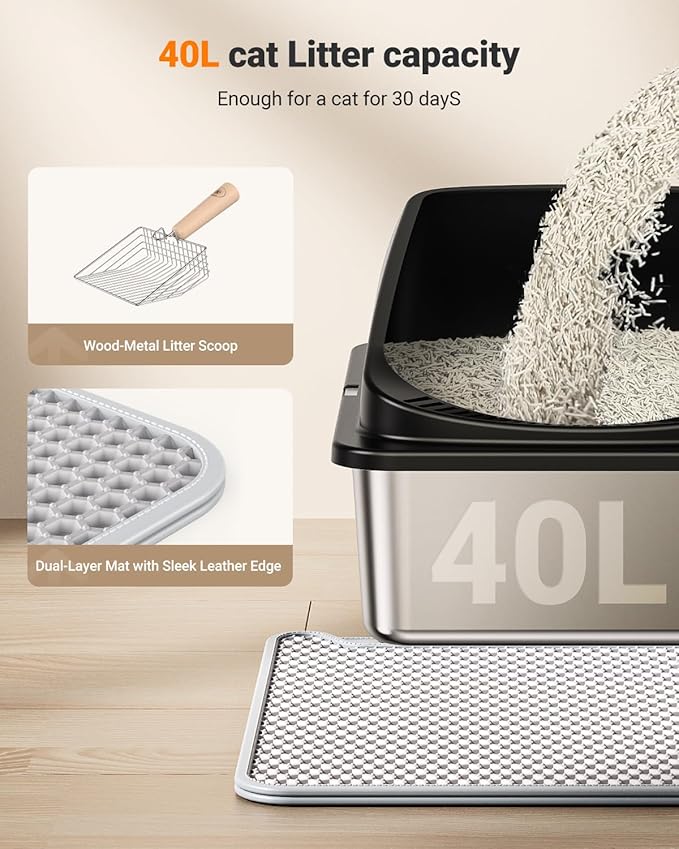 Stainless Steel Cat Litter Box with Scoop, Metal Litter Box High Sided, Cat Litter Box Enclosure, XL Extra Large High-Sided Litter Boxs (Anti-Urine Leakage, Include Scoop) (Black)