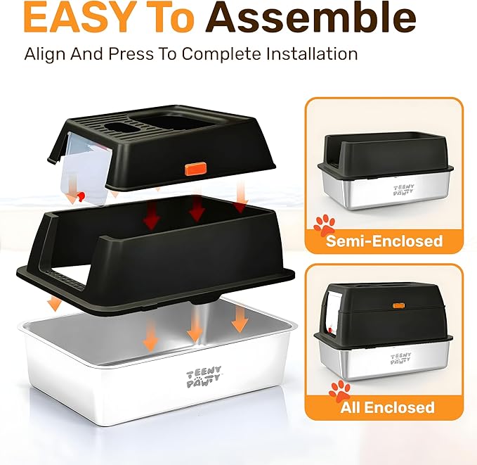 XL Stainless Steel Cat Litter Box with Enclosure and Pooper Scooper - Durable Black Metal Litter Box for Big Cats, High Sides for Anti-Leakage, Never Absorbs Odors, Non-Sticky - (60x40cm) (Black)