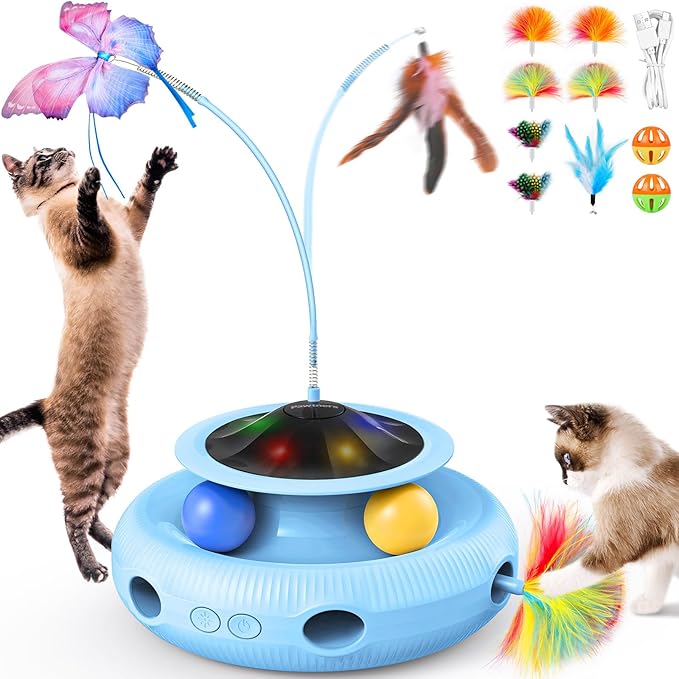Interactive Cat Toy: 4 in 1 Automatic Cat Toy for Indoor Cats, Self Play Kitty Toy with Fluttering Butterfly, Track Ball and Feather Pack, Blue